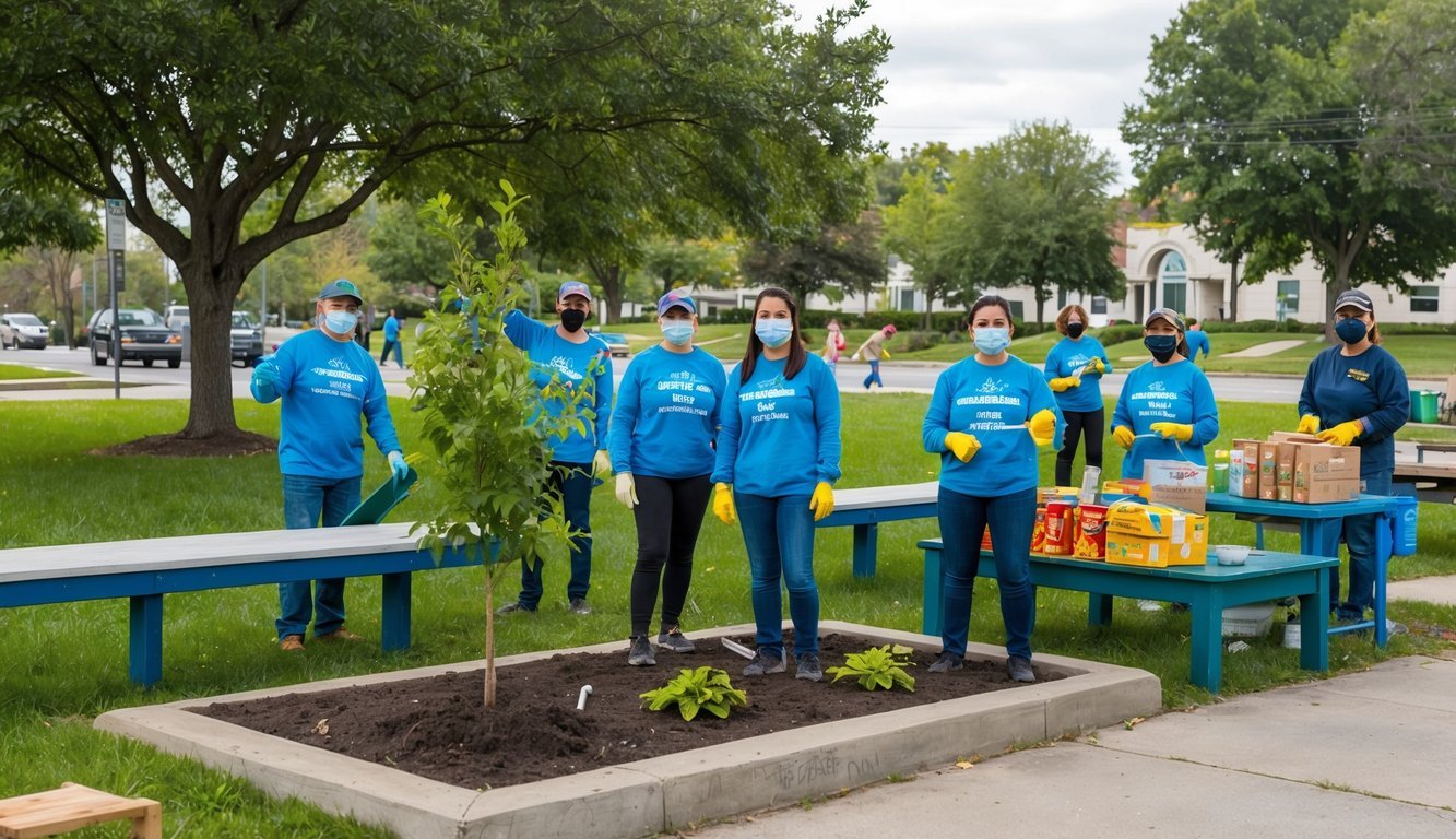 A group of volunteers cleaning up a local park, planting trees, and painting benches, while others distribute food and supplies to those in need