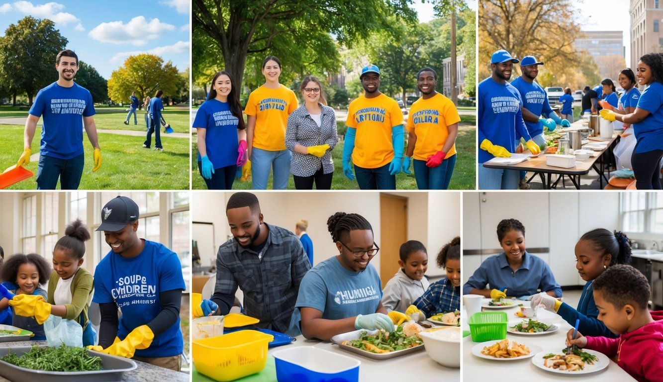 A group of people engaged in various community service activities, such as cleaning up a park, serving food at a soup kitchen, and tutoring children