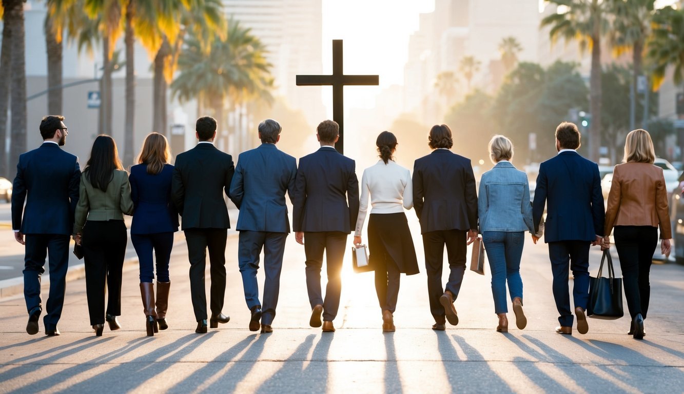 Celebrities walking away from Hollywood spotlight, with a cross symbolizing their faith