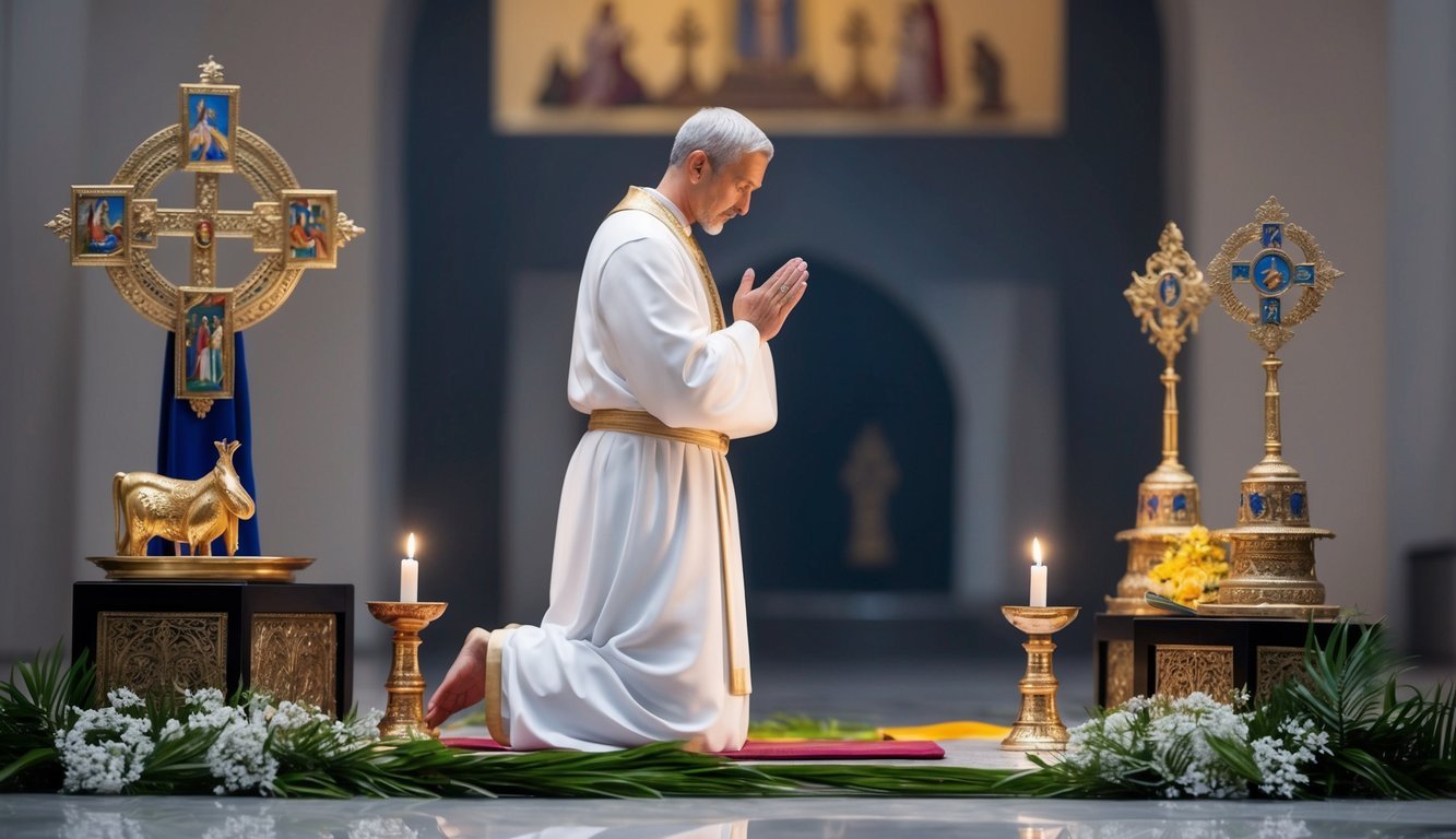 A figure kneels in prayer, surrounded by symbols of sacrifice and devotion. The scene is filled with a sense of solemn dedication and spiritual sacrifice