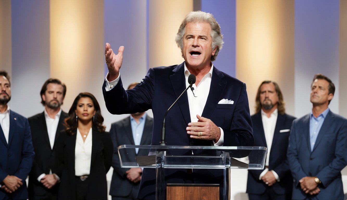 Mel Gibson stands in a spotlight, speaking passionately about religion. A group of Christian celebrities turn their backs on Hollywood, their sacrifices evident