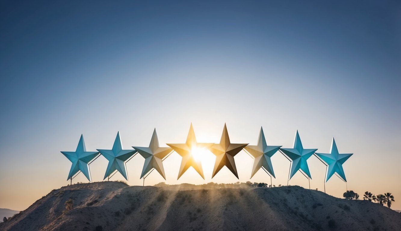 A group of seven shining stars breaking away from the glitz and glamour of Hollywood, symbolizing sacrifice and resilience
