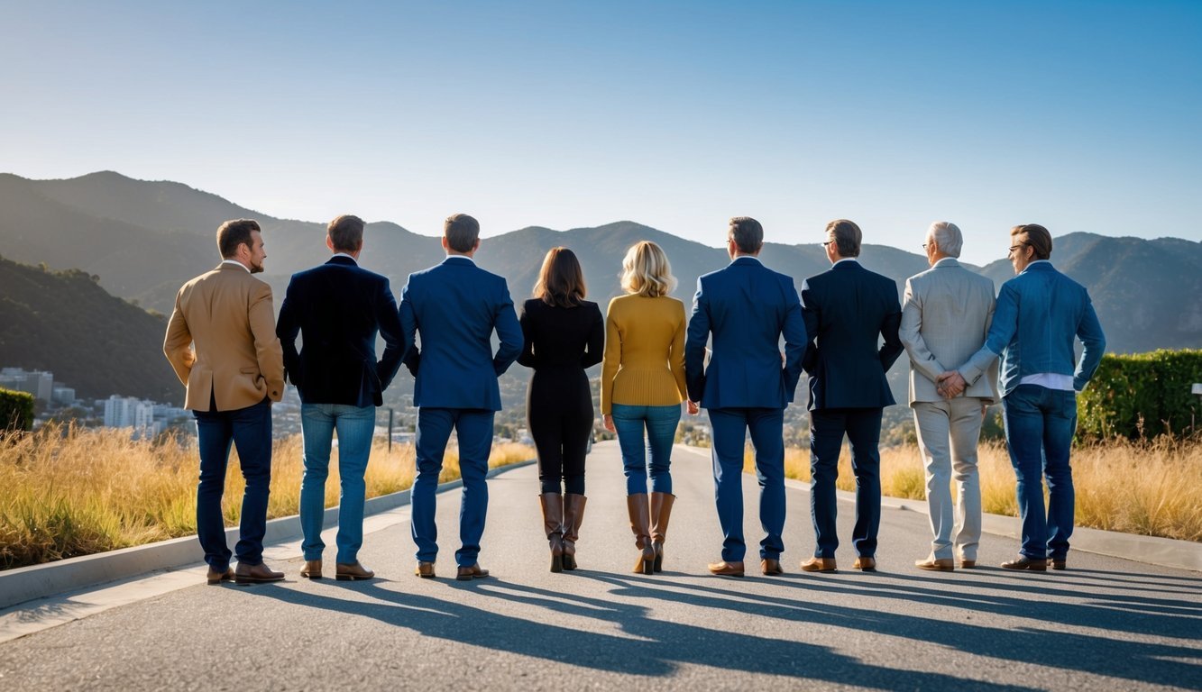 A group of seven well-known Christian celebrities standing together, confidently turning away from the glitz and glamour of Hollywood, their sacrifices evident