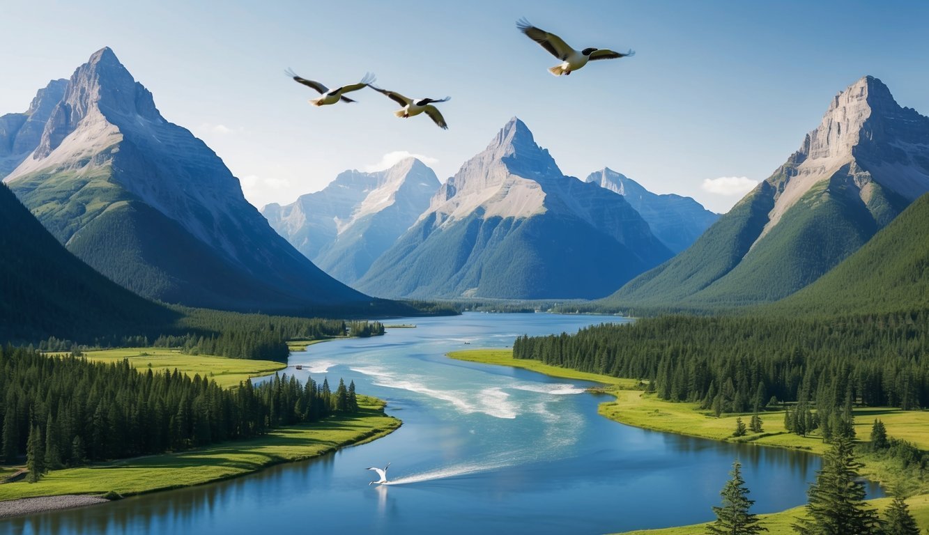 Un paisaje sereno con tres montañas prominentes, tres ríos que fluyen hacia un lago central y tres aves volando en formación sobre la cabeza.