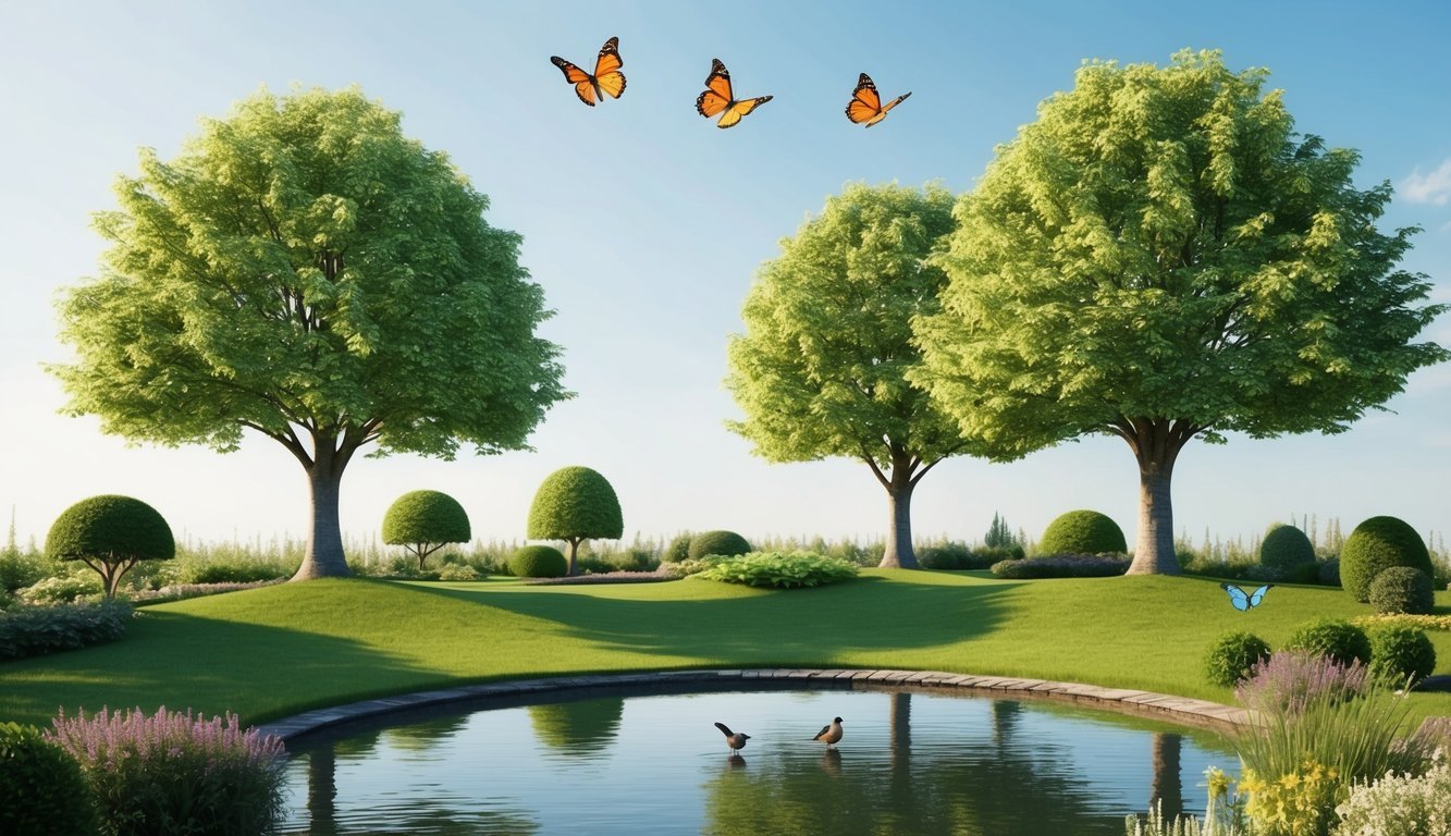 Un jardín sereno con tres árboles, tres pájaros y tres mariposas revoloteando alrededor de un estanque pacífico