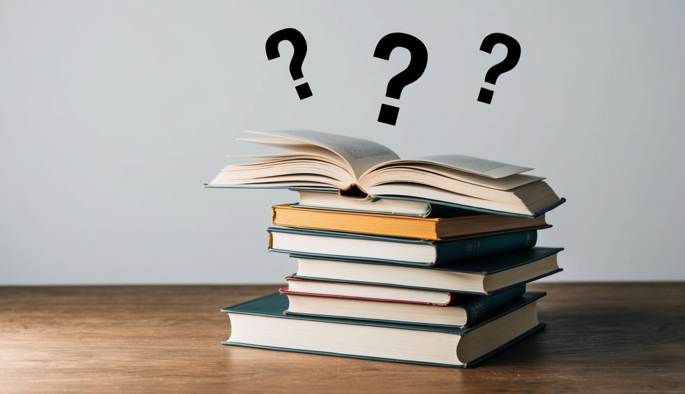 Una pila de libros abiertos con signos de interrogación flotando sobre ellos