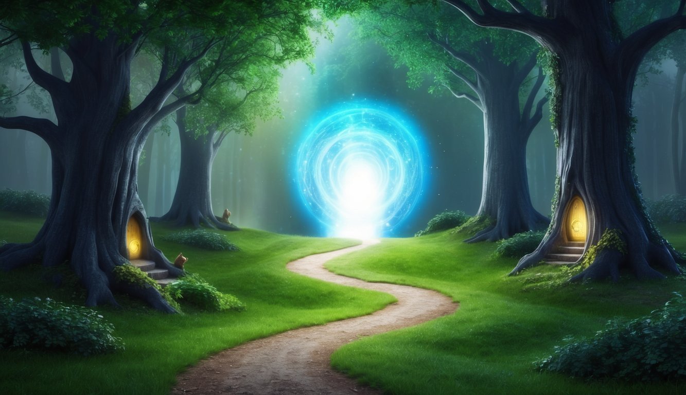 Una foresta serena con un sentiero tortuoso che conduce a un portale luminoso e mistico.</p><p>Gli alberi sono rigogliosi e vibranti, con piccole creature che sbirciano dai loro nascondigli.