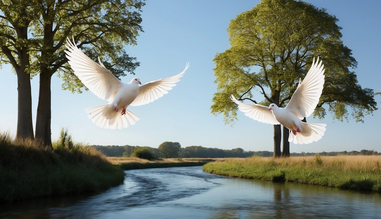 Due colombe bianche che volano sopra un paesaggio sereno con due alberi alti e fogliosi e un fiume tranquillo che scorre attraverso la scena