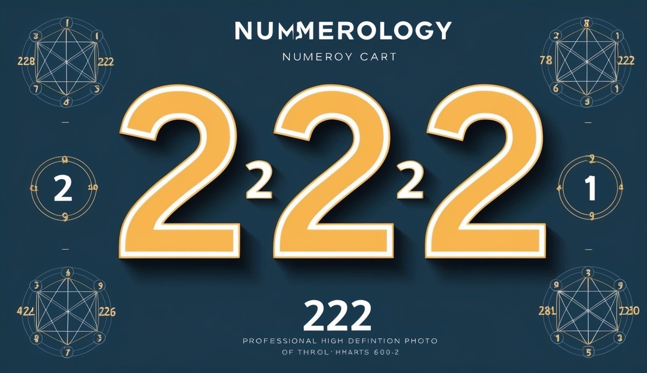 Tre numeri identici, 222, circondati da simboli mistici e grafici di numerologia