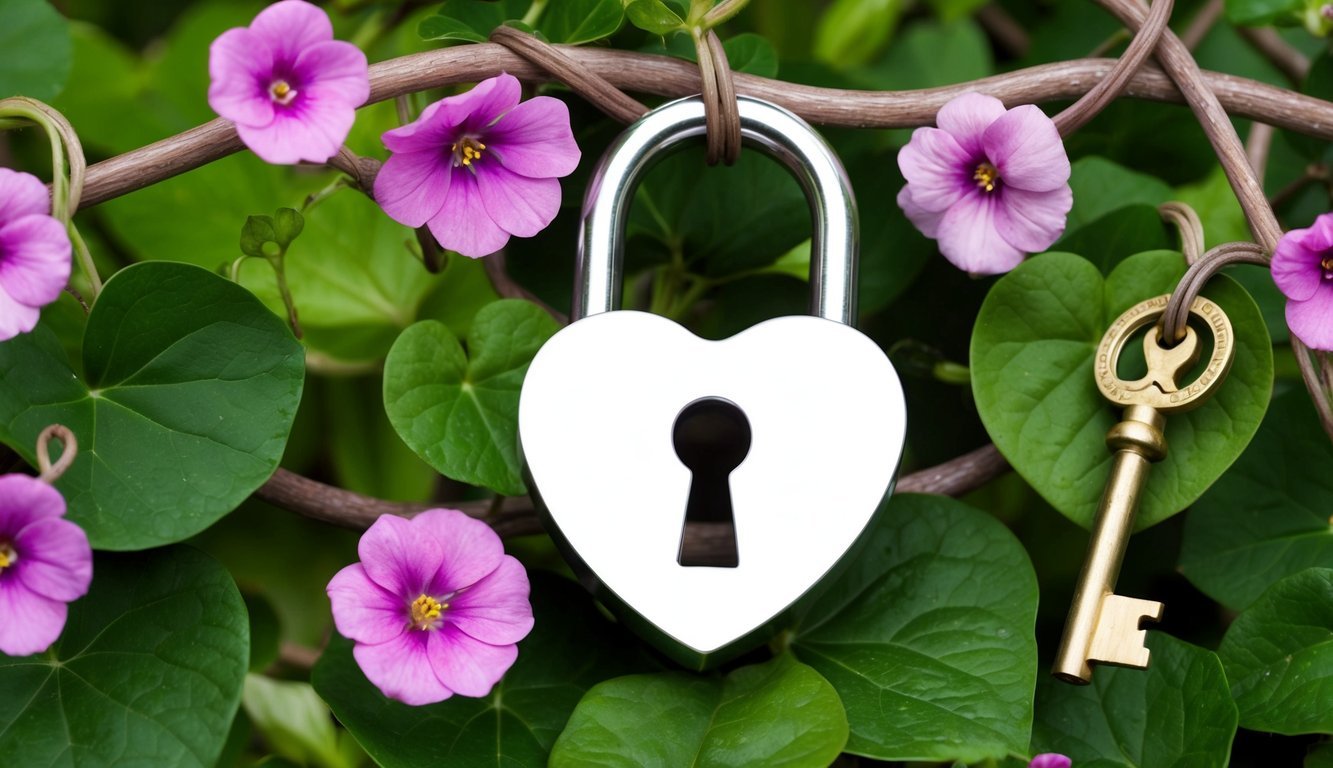 Un lucchetto a forma di cuore e una chiave circondati da viti e fiori intrecciati