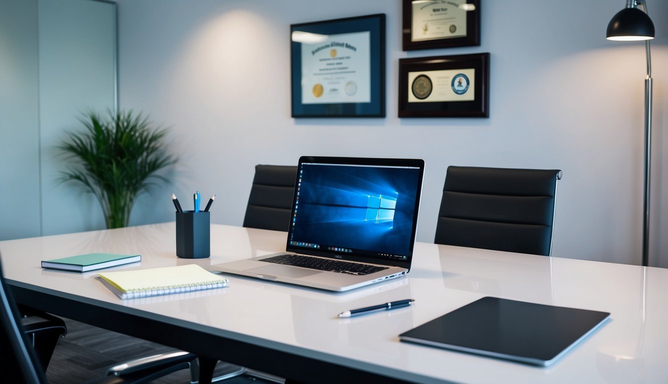 Una scrivania elegante con un laptop, una penna e un blocco note.</p><p>Un diploma e premi professionali esposti sulla parete.