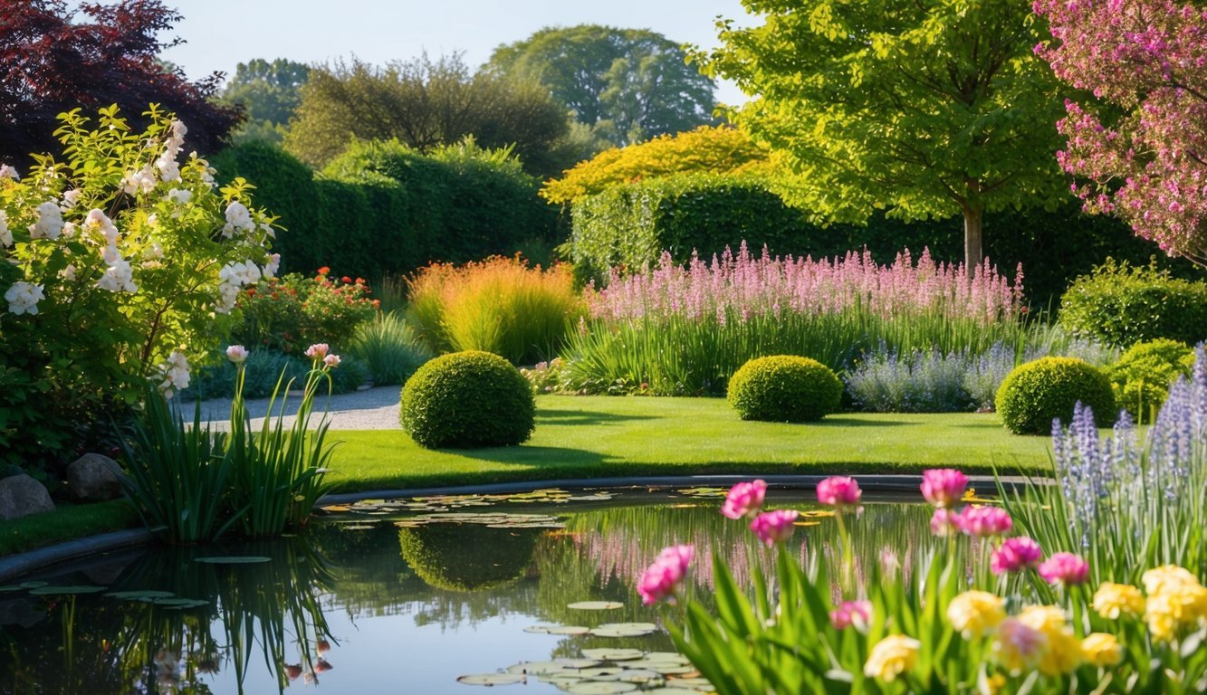 Un giardino sereno con fiori in fiore e uno stagno tranquillo