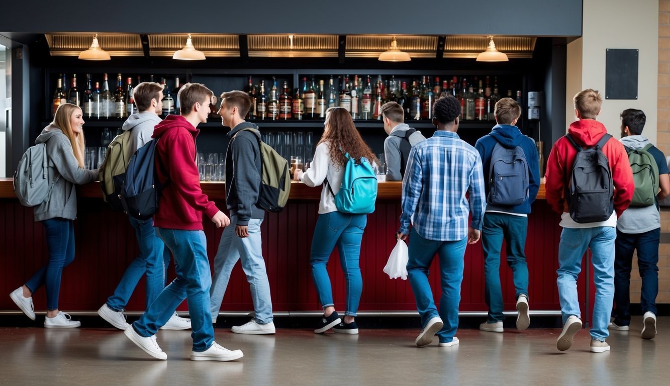 A group of college students standing in front of a bar, with some choosing to walk away while others enter, symbolizing the shift in alcohol abstinence among college students