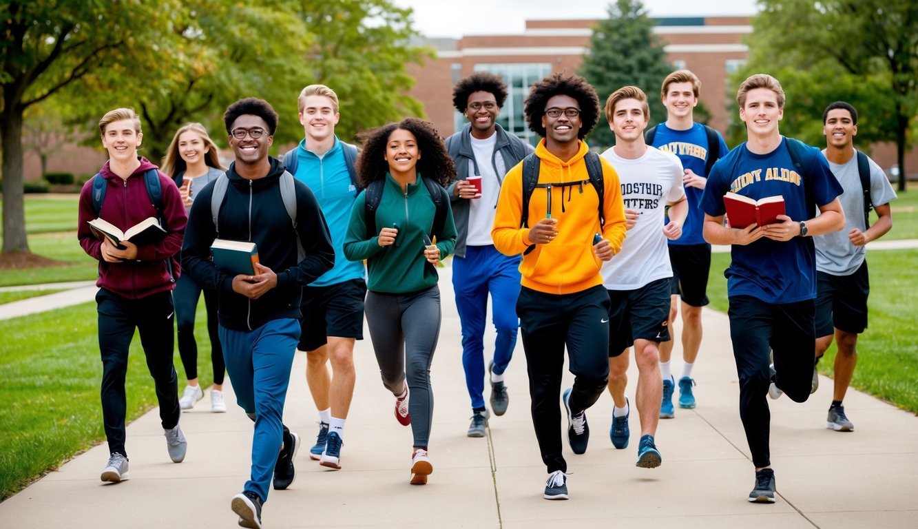 A group of college students, some holding textbooks and others engaged in physical activities, with a noticeable decrease in alcohol consumption compared to years past
