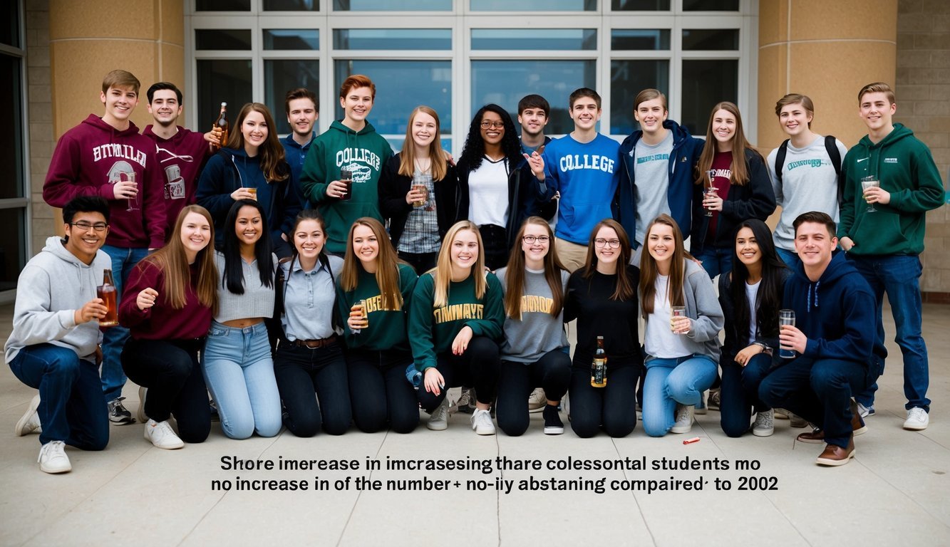 A group of college students, some holding alcohol, others not, with a noticeable increase in the number abstaining compared to 2002