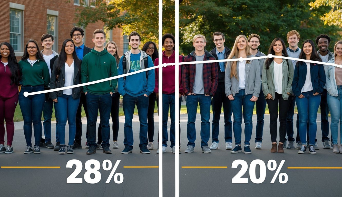 A group of college students standing in two separate lines, with one line representing 28% and the other representing 20%, to visually depict the increase in abstaining from alcohol over time