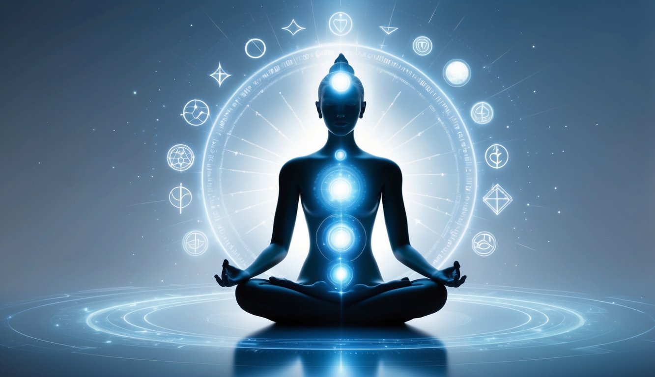 A serene figure sits in meditation, surrounded by ethereal light and symbols, as if receiving guidance from the universe