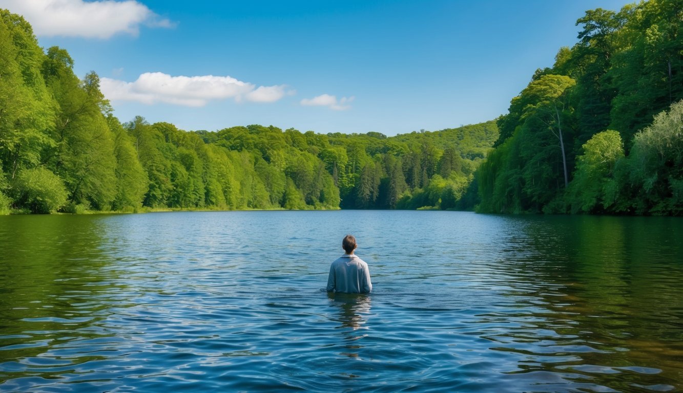 A serene lake surrounded by lush greenery, with a dreamy figure gazing into the rippling water