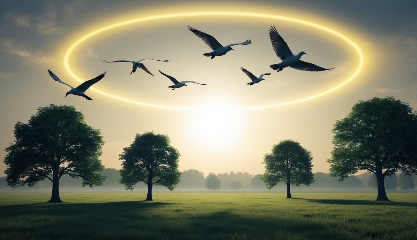 A glowing halo hovers above a serene landscape, with five birds flying in formation and three trees standing tall