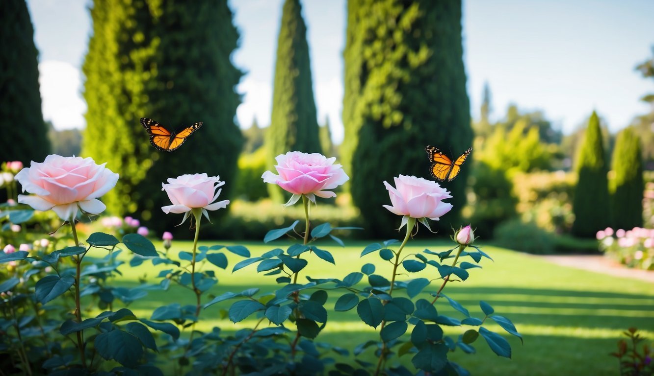 A serene garden with five blooming roses and three butterflies, surrounded by three tall trees