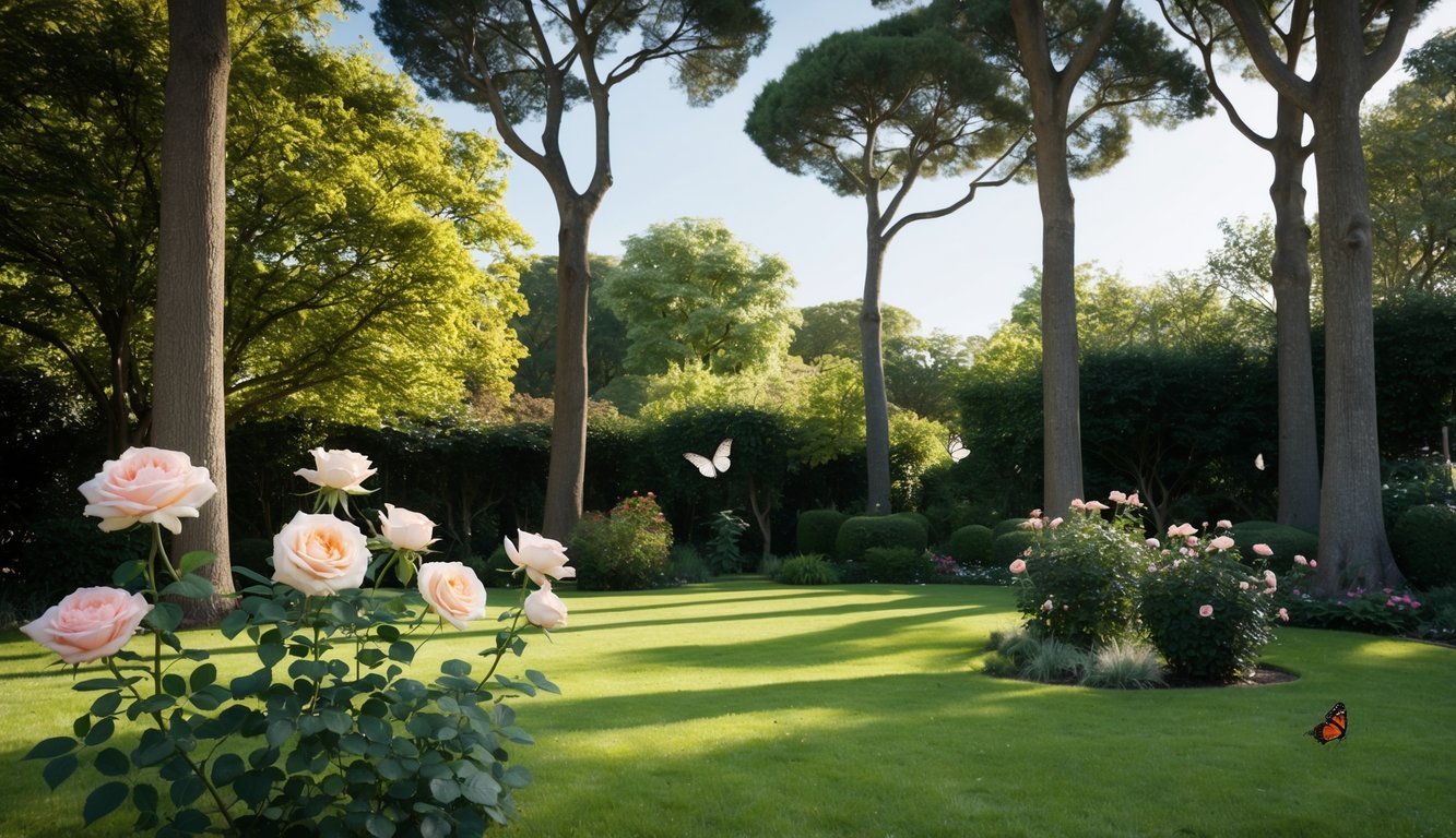 A serene garden with five blooming roses, three fluttering butterflies, and five tall trees casting dappled shadows
