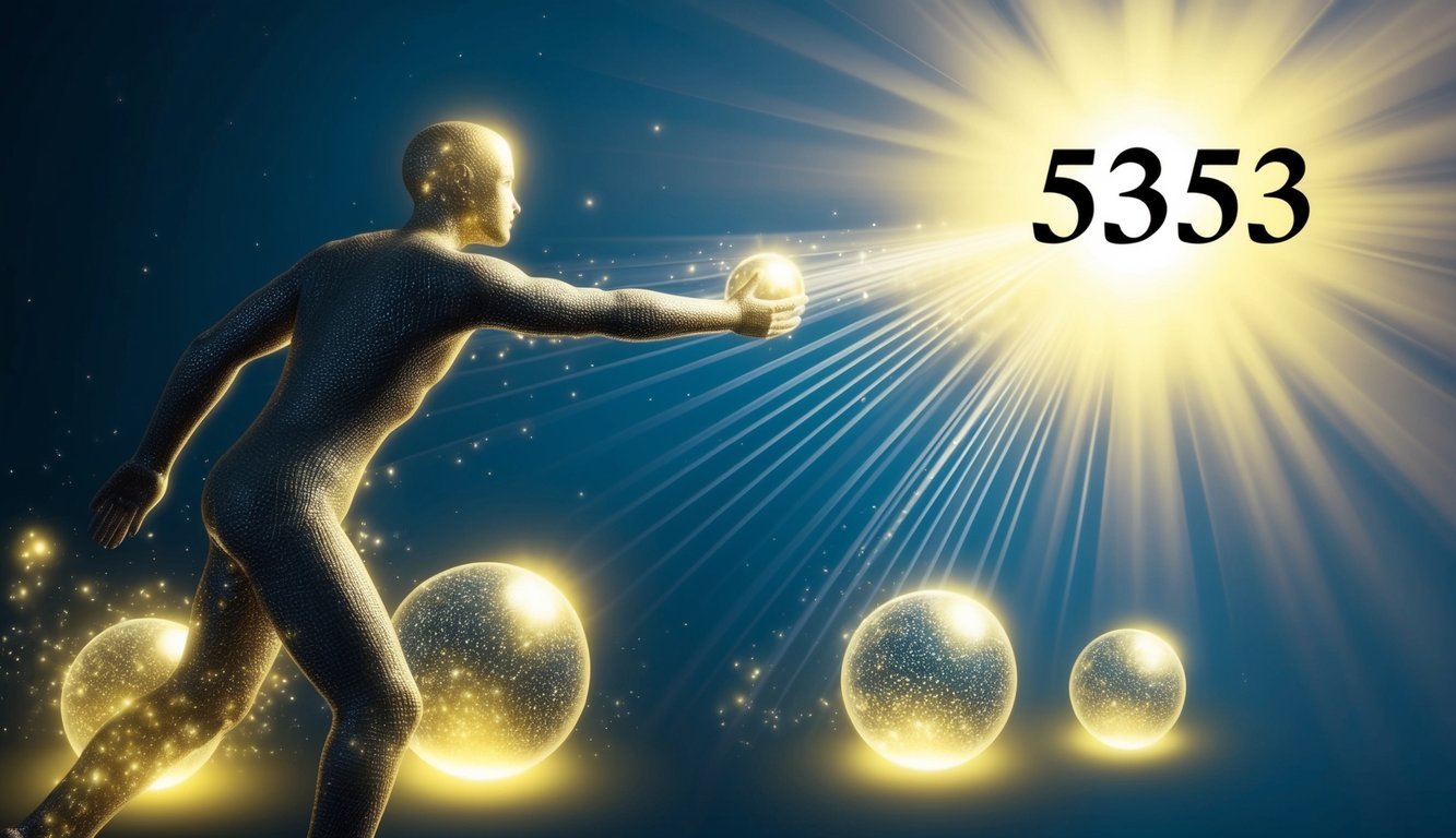 A figure surrounded by glowing orbs, reaching towards a radiant light emanating from the number 5353