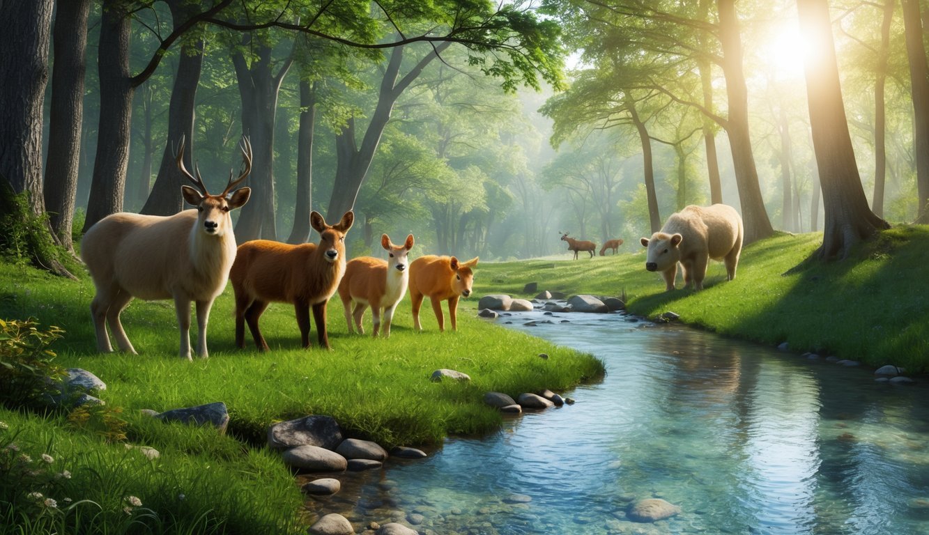 A serene forest with a clear stream, sunlight filtering through the trees, and a group of animals peacefully coexisting