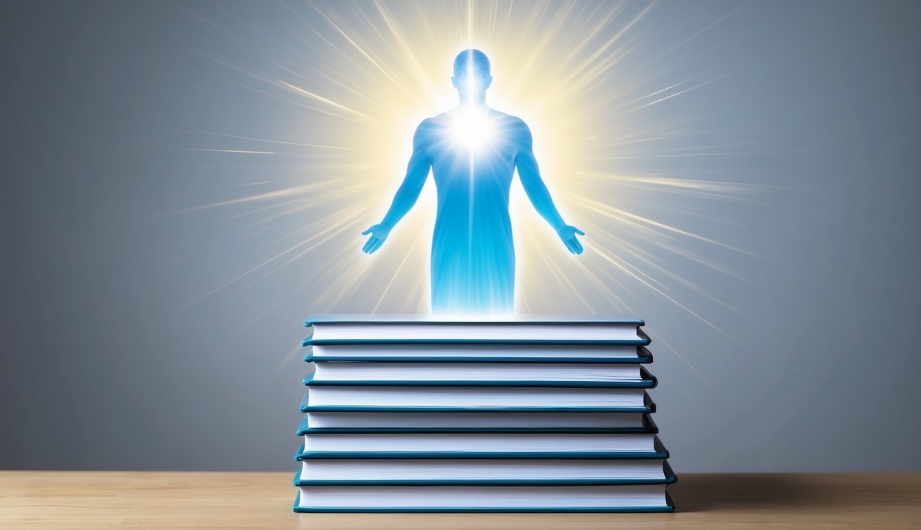 A bright, celestial figure hovers above a stack of FAQs, radiating a sense of guidance and wisdom
