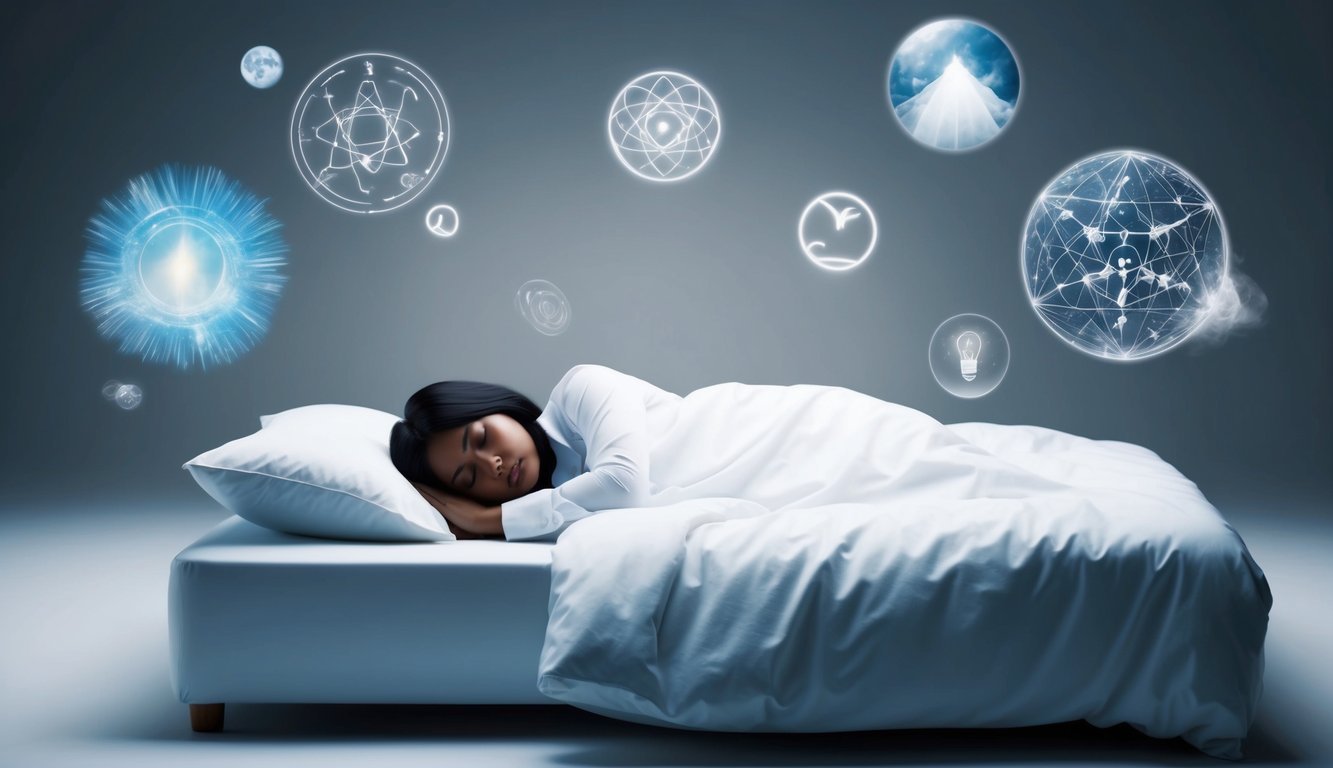 A figure sleeping in a bed, surrounded by floating symbols and images representing prophetic dreams