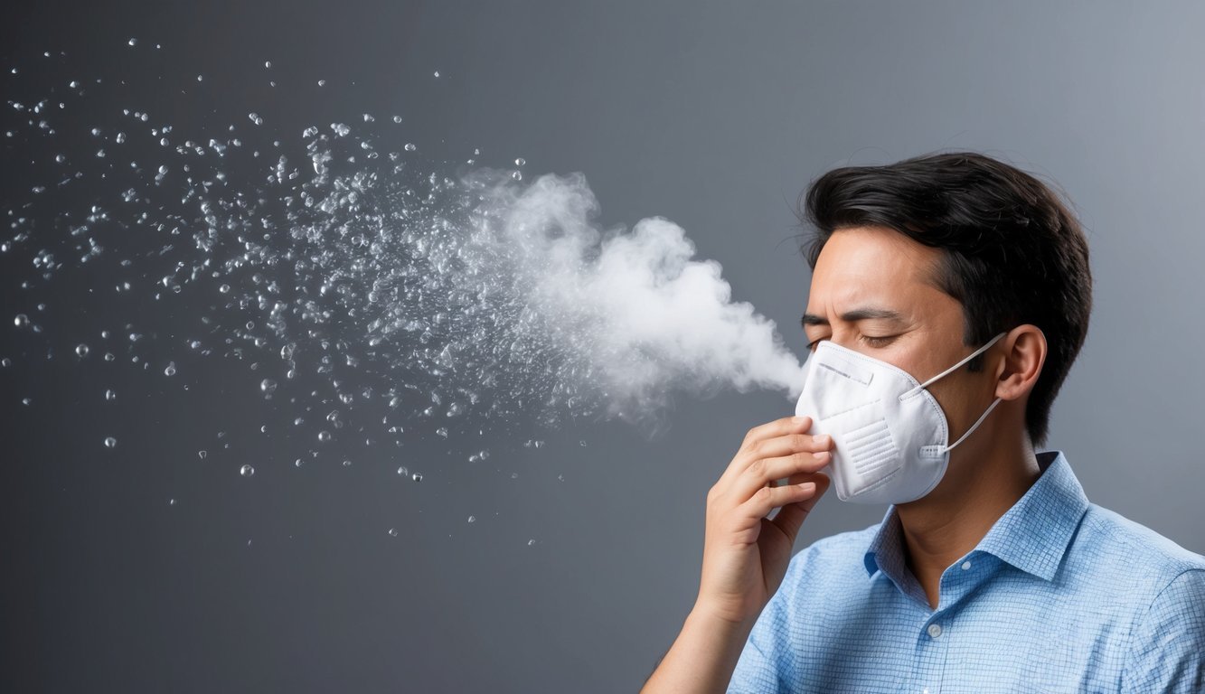 A person without a mask coughing, with a significantly larger cloud of droplets spreading in the air compared to a person wearing a mask