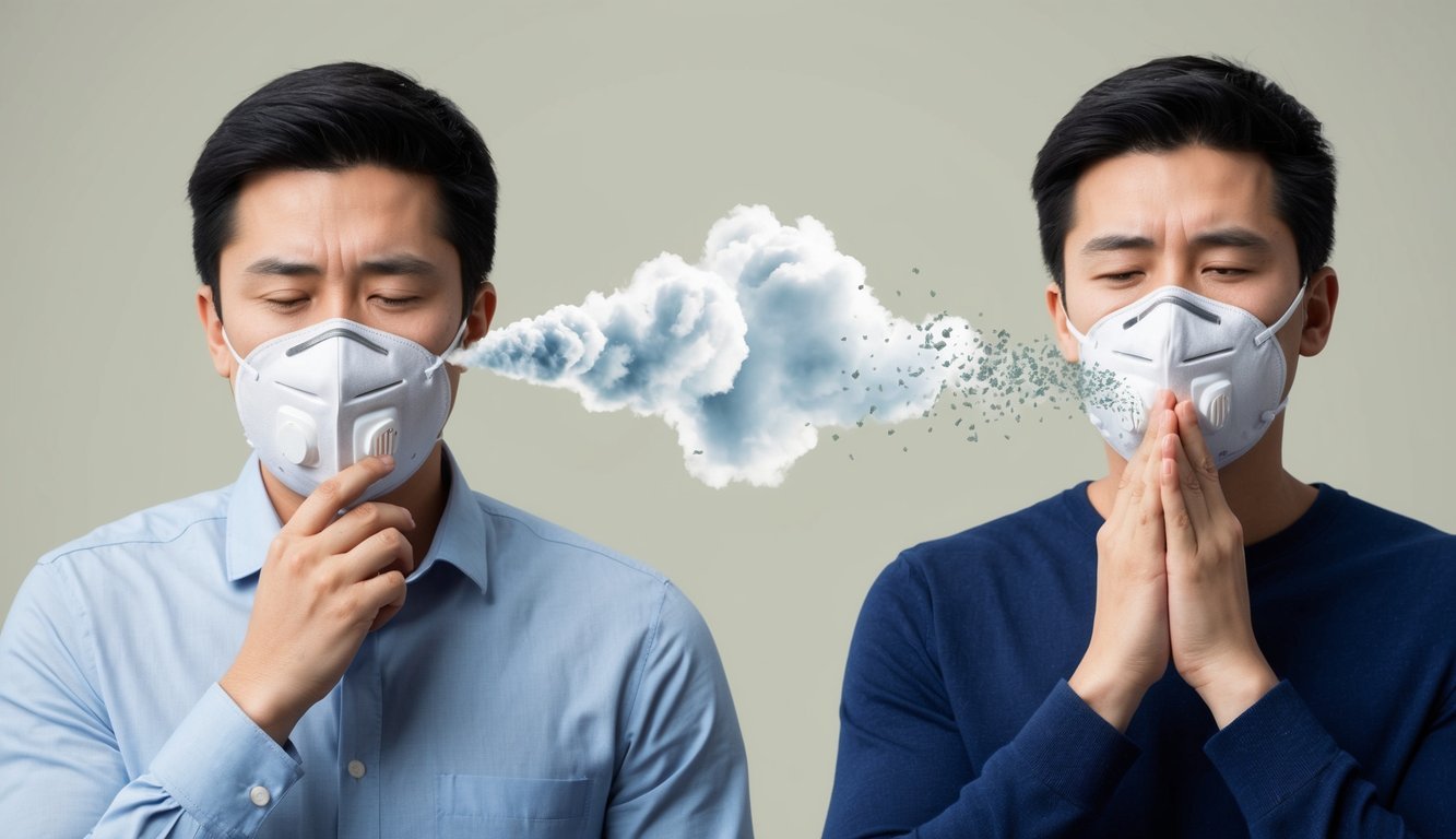 A person without a mask coughs, emitting a larger cloud of particles compared to someone wearing a mask