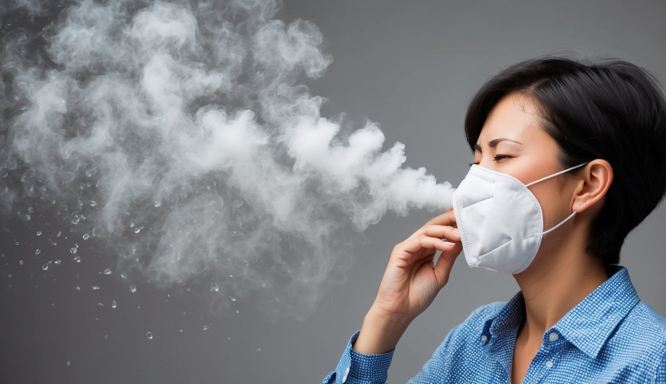 A person coughing without a mask, surrounded by a large cloud of droplets
