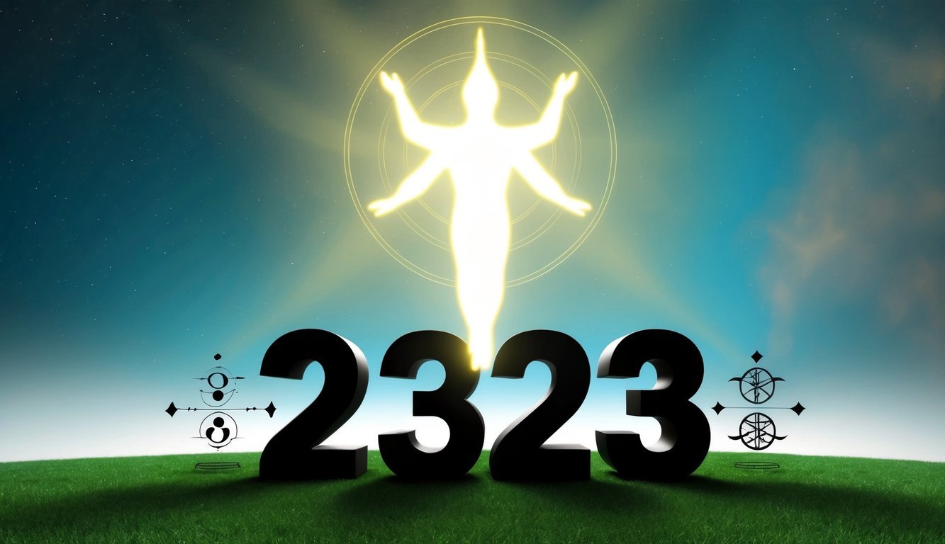 A glowing celestial figure hovers over the numbers 2323, surrounded by symbols of balance and harmony