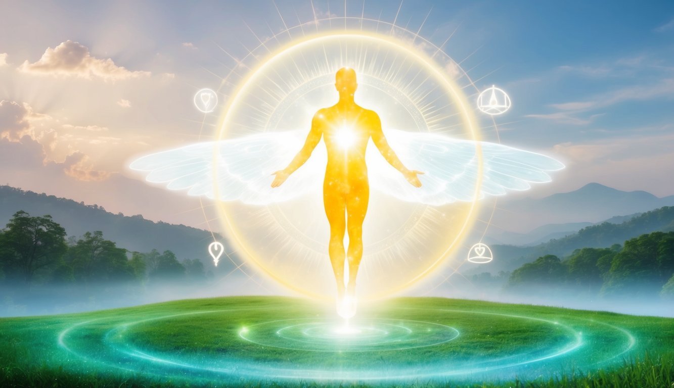 A glowing celestial figure hovers above a serene landscape, surrounded by ethereal symbols and radiating a sense of divine guidance