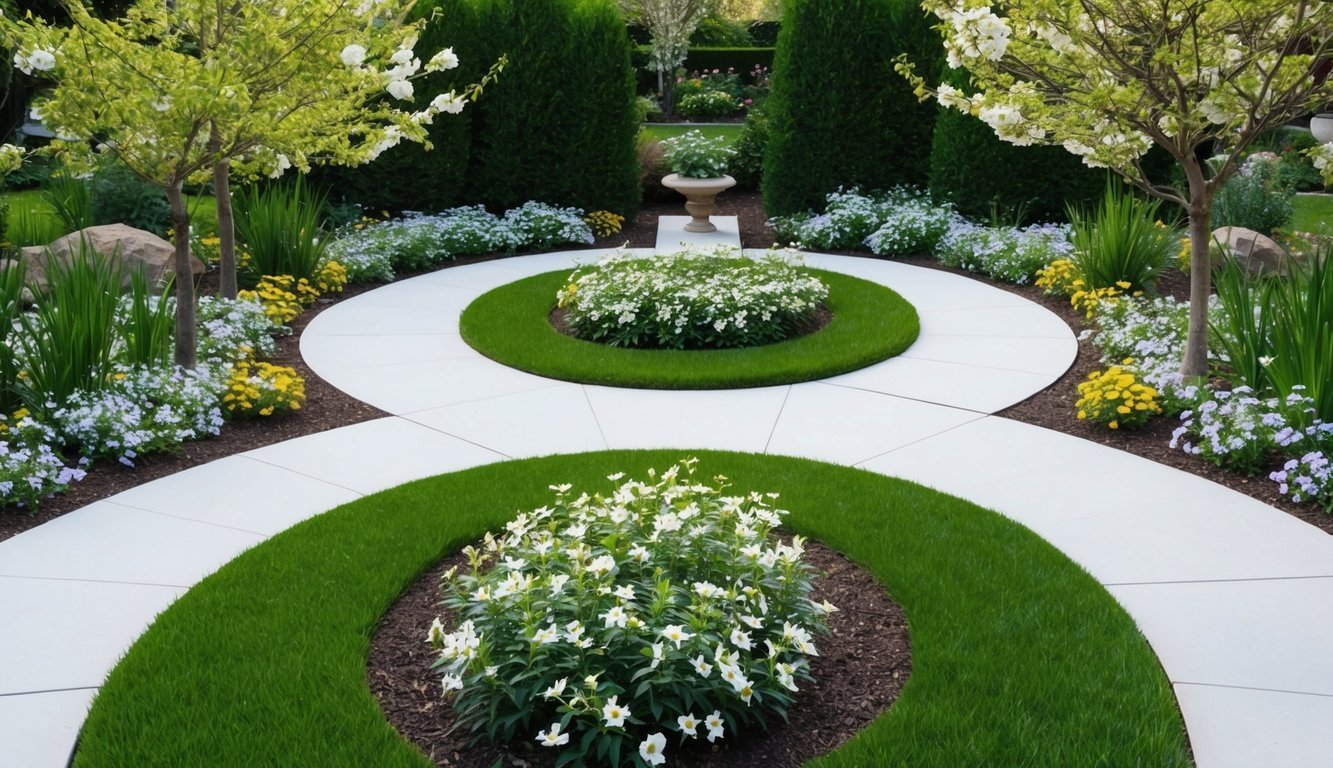 A serene garden with two intertwining paths, each lined with blooming flowers and surrounded by a sense of balance and harmony