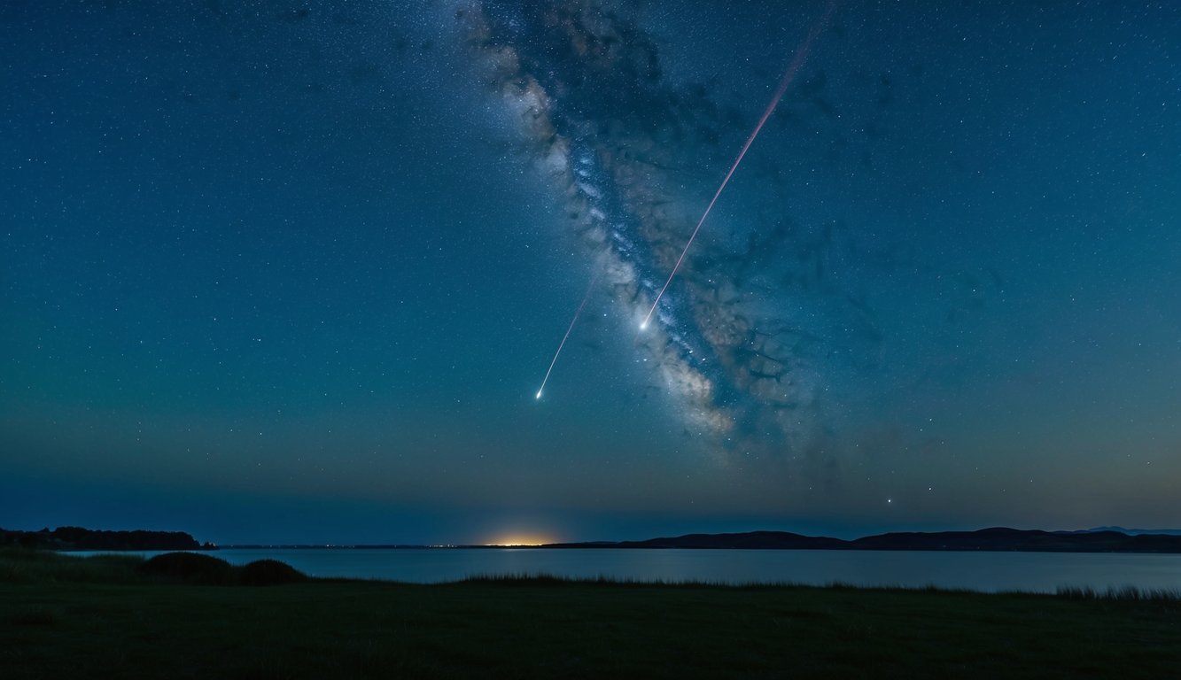 A serene night sky with two shooting stars crossing paths above a tranquil landscape