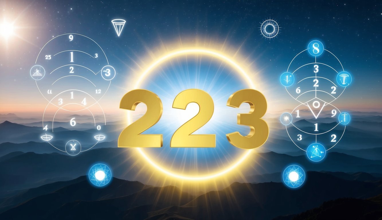 A glowing halo surrounds the number 2323, with celestial symbols and numerology charts floating around it