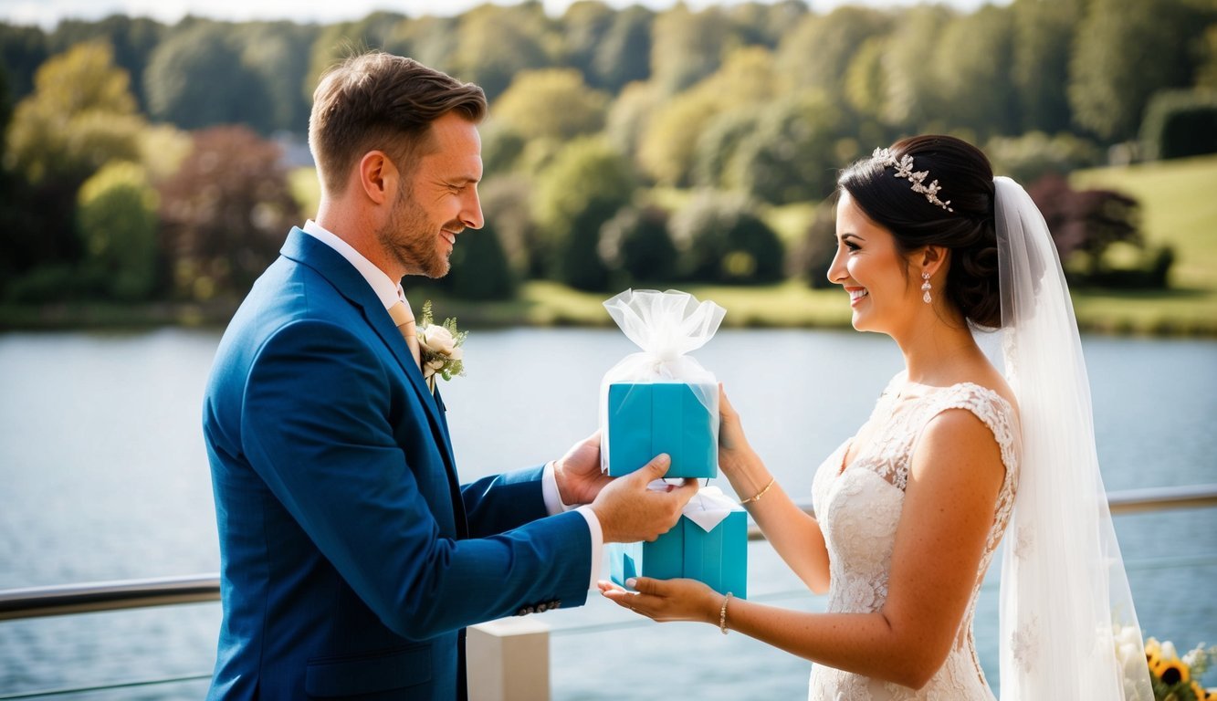 A bride and groom donating to a charity as part of their wedding celebration