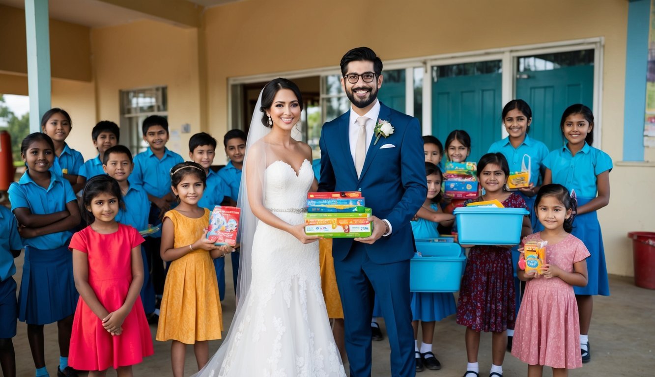 A bride and groom donating educational supplies to children at a school