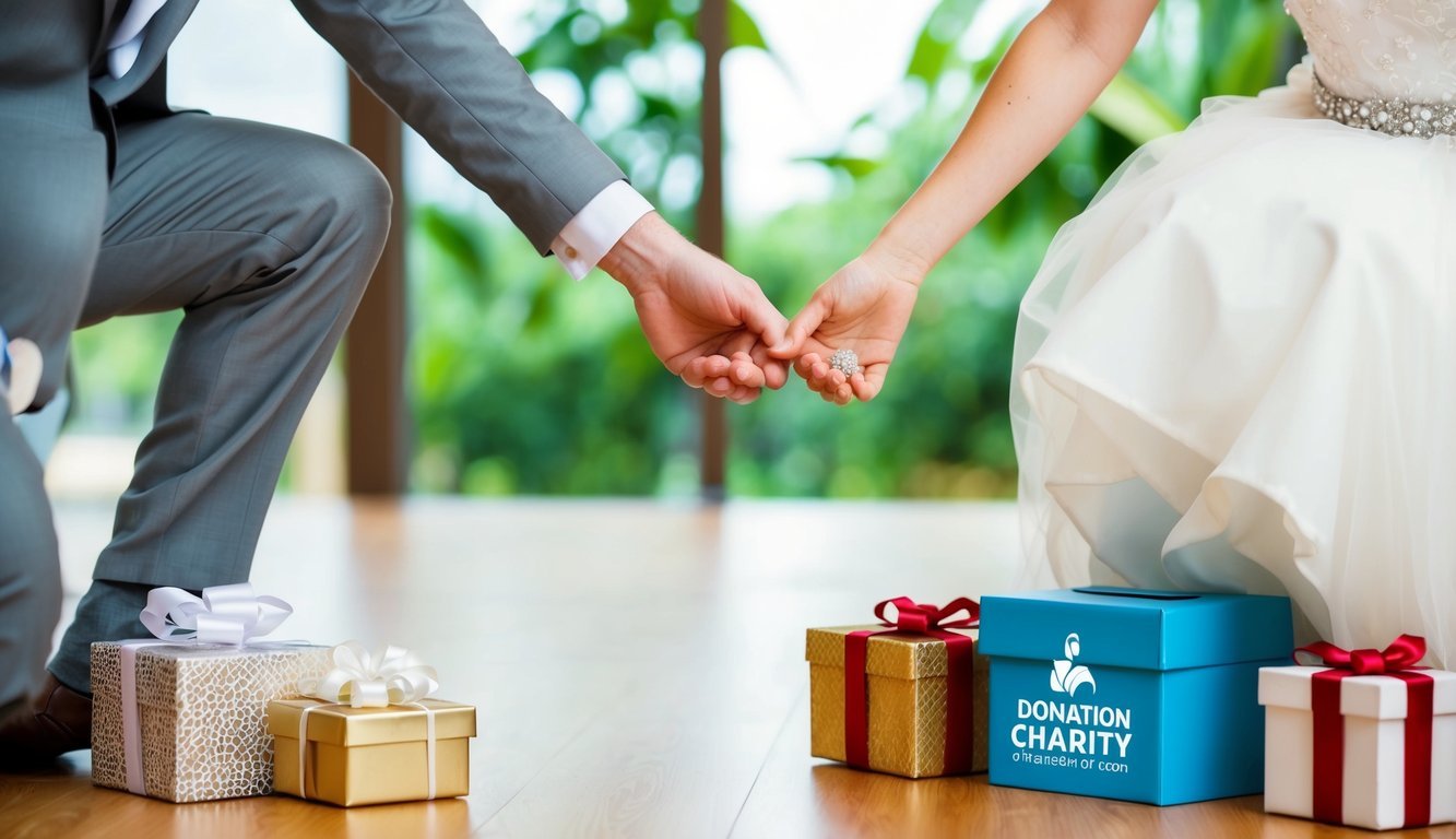 A bride and groom holding hands, surrounded by gifts and a donation box for charity