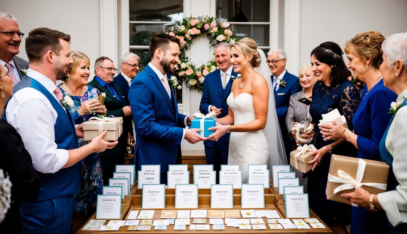A bride and groom exchanging gifts with guests at their wedding, surrounded by a display of thank you cards and tokens of appreciation