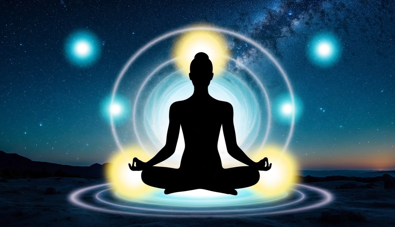 A serene figure meditates under a starry night sky, surrounded by glowing orbs and ethereal energy