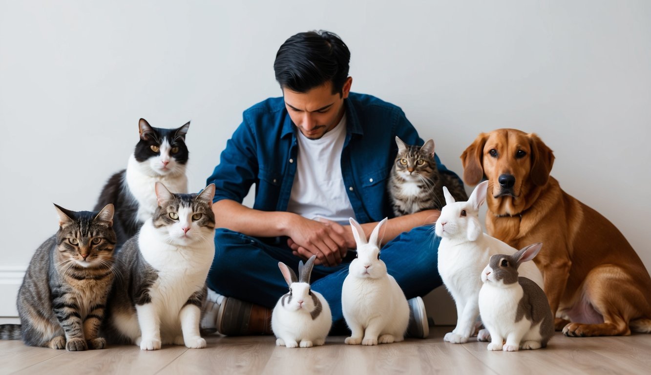 A variety of pets - cats, dogs, birds, and rabbits - gather around a person sitting alone, providing comfort and companionship