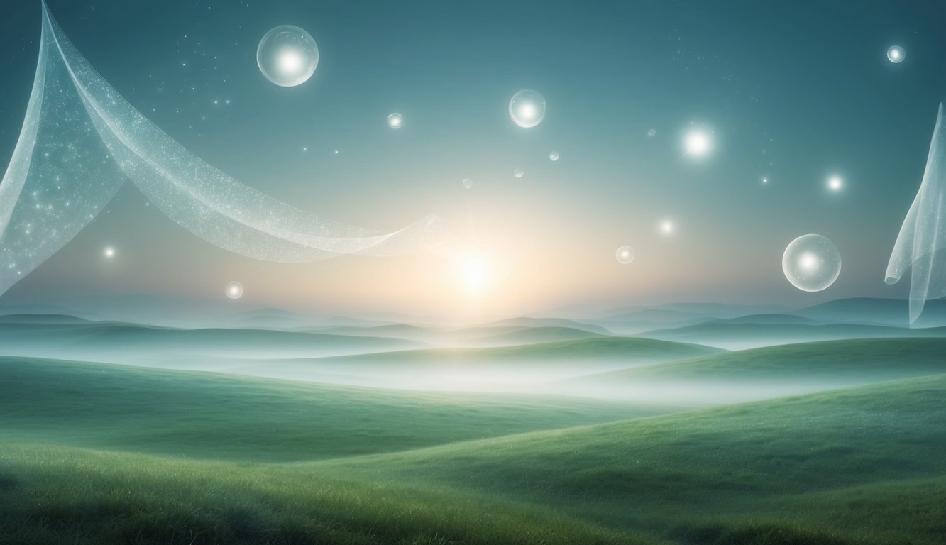 A serene, ethereal landscape with floating orbs of light, shimmering veils, and a sense of otherworldly tranquility