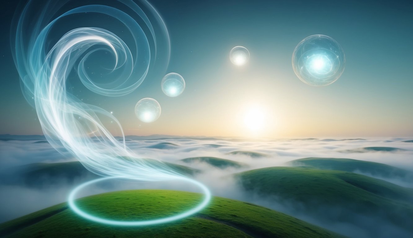 A serene, ethereal landscape with floating orbs of light and swirling, misty energies emanating from the earth