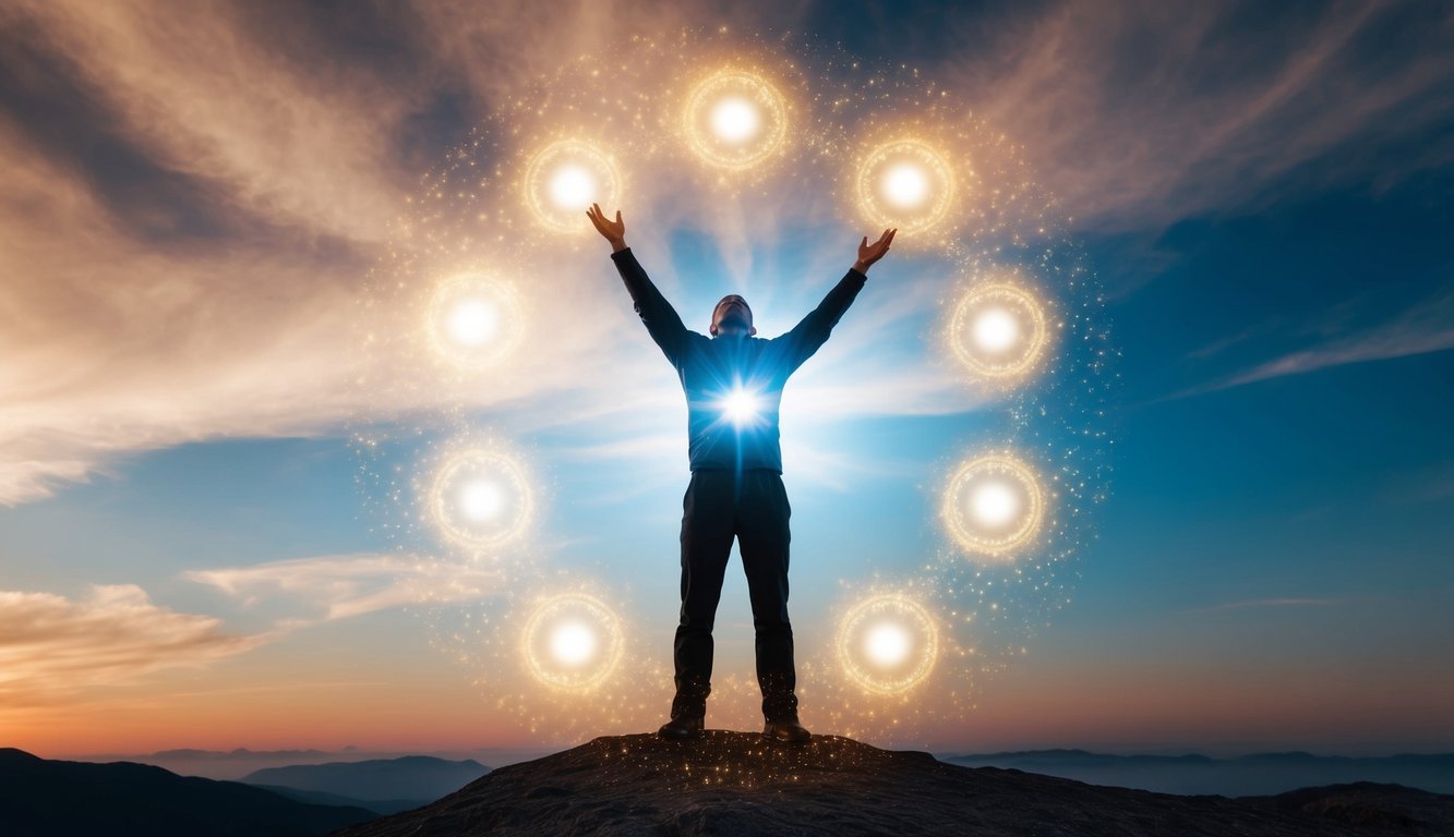 A figure surrounded by glowing orbs, reaching towards the sky