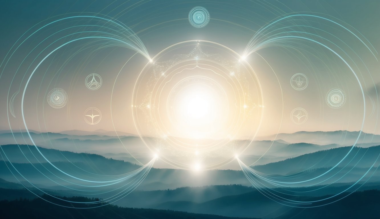 A serene, ethereal landscape with soft, glowing light emanating from a central source, surrounded by swirling patterns and symbols representing the spiritual realm