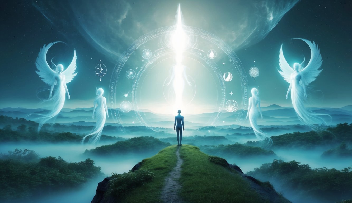 A serene, otherworldly landscape with ethereal beings and symbols representing the concept of the spiritual realm and its meaning