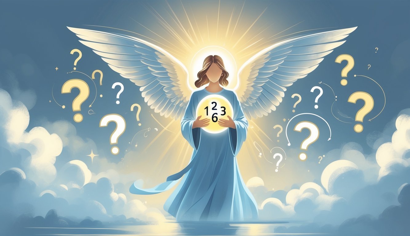 An angel holding a glowing orb with numbers 1, 2, 3, and 6 surrounded by floating question marks and symbols of inquiry against a soft, glowing background.