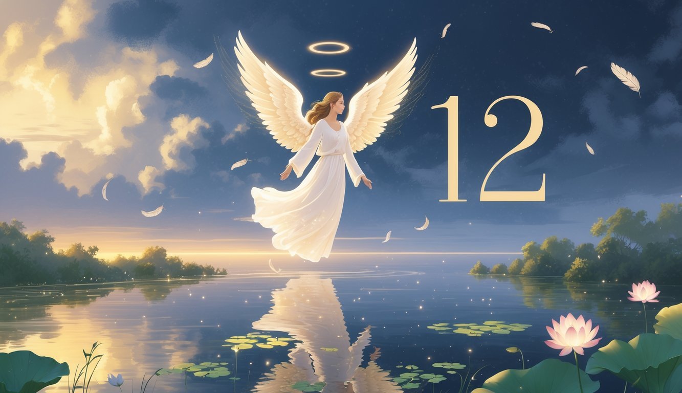 An angel with glowing wings hovering over a peaceful landscape at dawn, surrounded by flowers, feathers, and soft light.